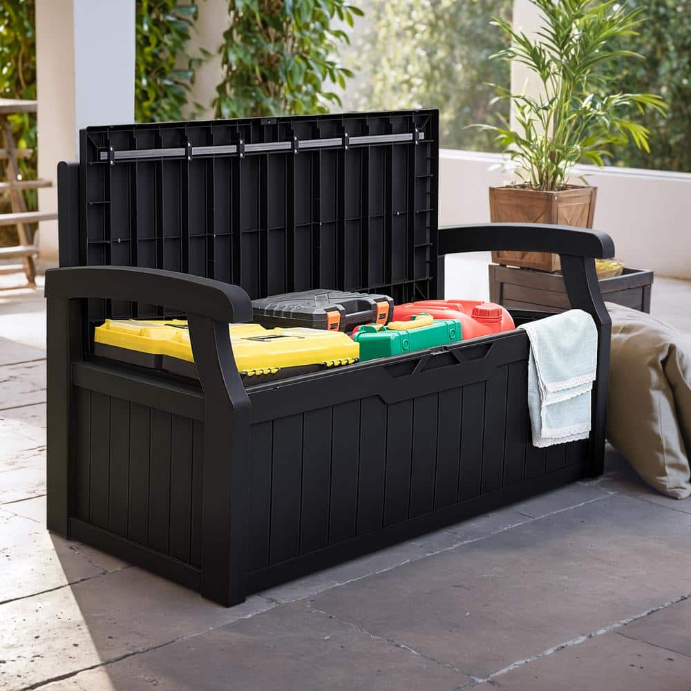 Black 80 Gallon Resin Outdoor Storage Bench with Armrests