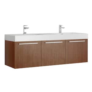 Vista 60 in. Modern Wall Hung Bath Vanity in Teak with Double Vanity Top in White with White Basins