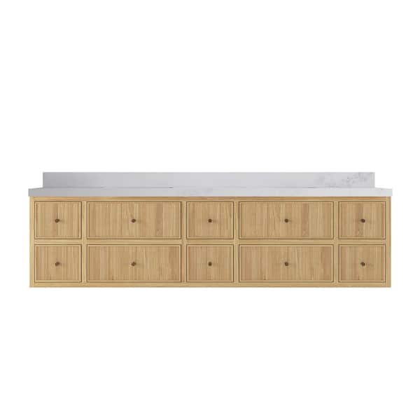 Willow Collections Sonoma Floating 84 in. H Double Sink Freestanding Light Natural Bath Vanity with Calacatta Nuvo Qt. Top Unassembled