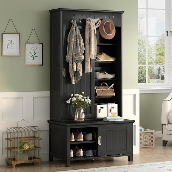 URTR Black Hall Tree with Sliding Doors, Wooden Hallway Shoe