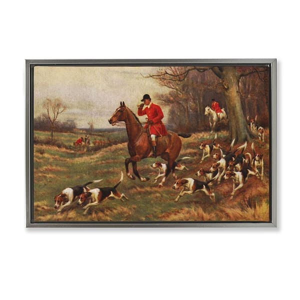 Stupell Industries Vintage Hunting Party Dogs by Tina Higgins Designs, Inc. Gray Floater Frame People Graphic Art Print 17 in. x 25 in.