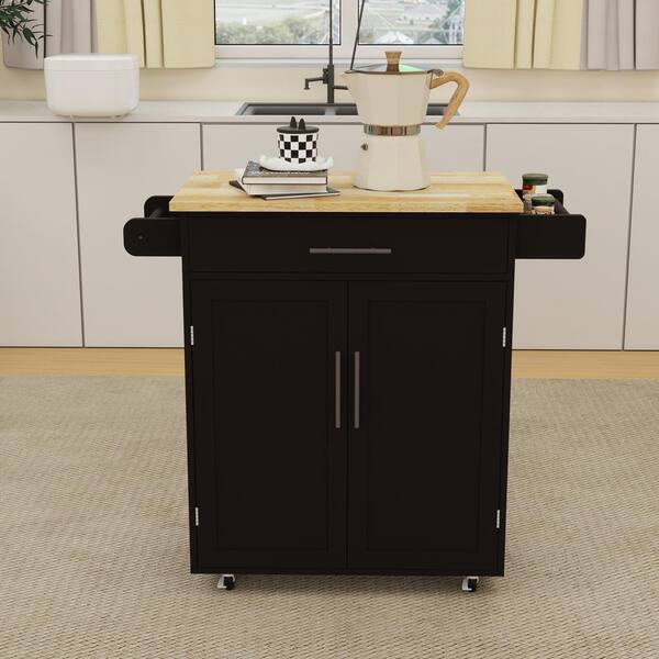 Runesay Black Wood Base with Wood Top Rolling Kitchen Island (17.72-in x 32.68-in x 36.02-in)