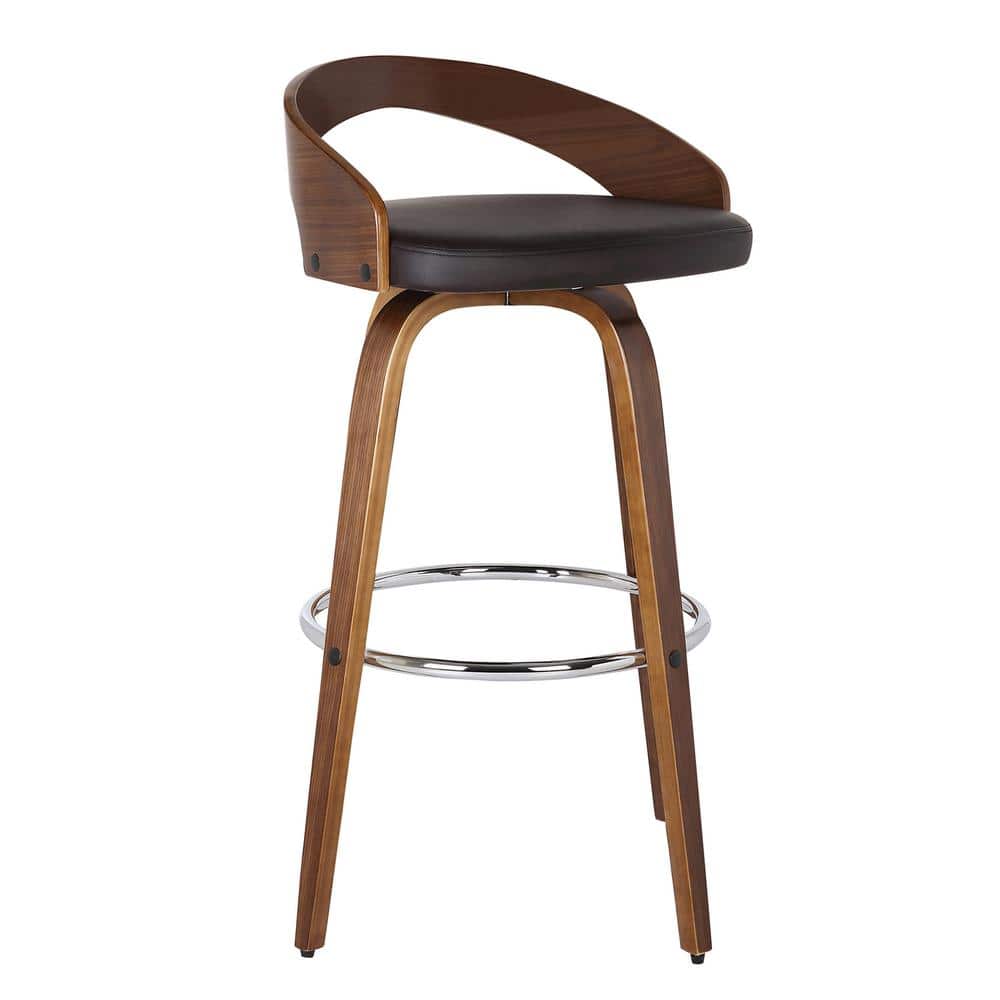 Walnut Wood Finish Swivel Counter Stool with Brown Faux Leather