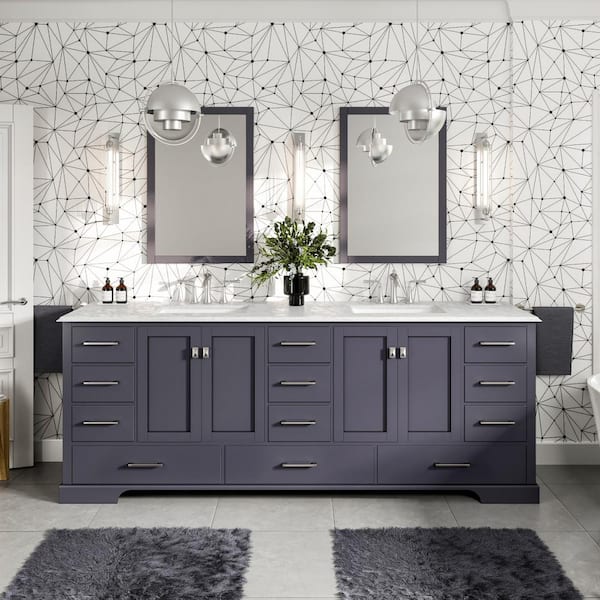 Storehouse 84 in. Double Sink Dark Gray Bath Vanity with White Carrara Marble Top (Assembled)