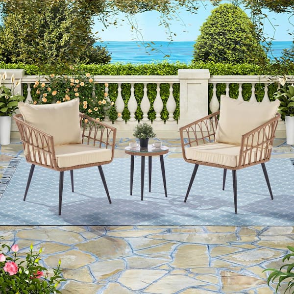 SUNRINX 3-Piece Brown Wicker Outdoor Bistro Set with Beige Cushions