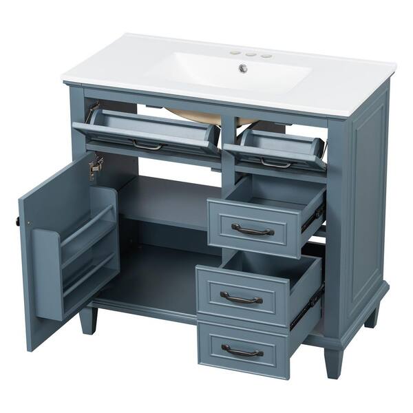 JUJABU 36 in. Freestanding Blue Bath Vanity with White Ceramic Top