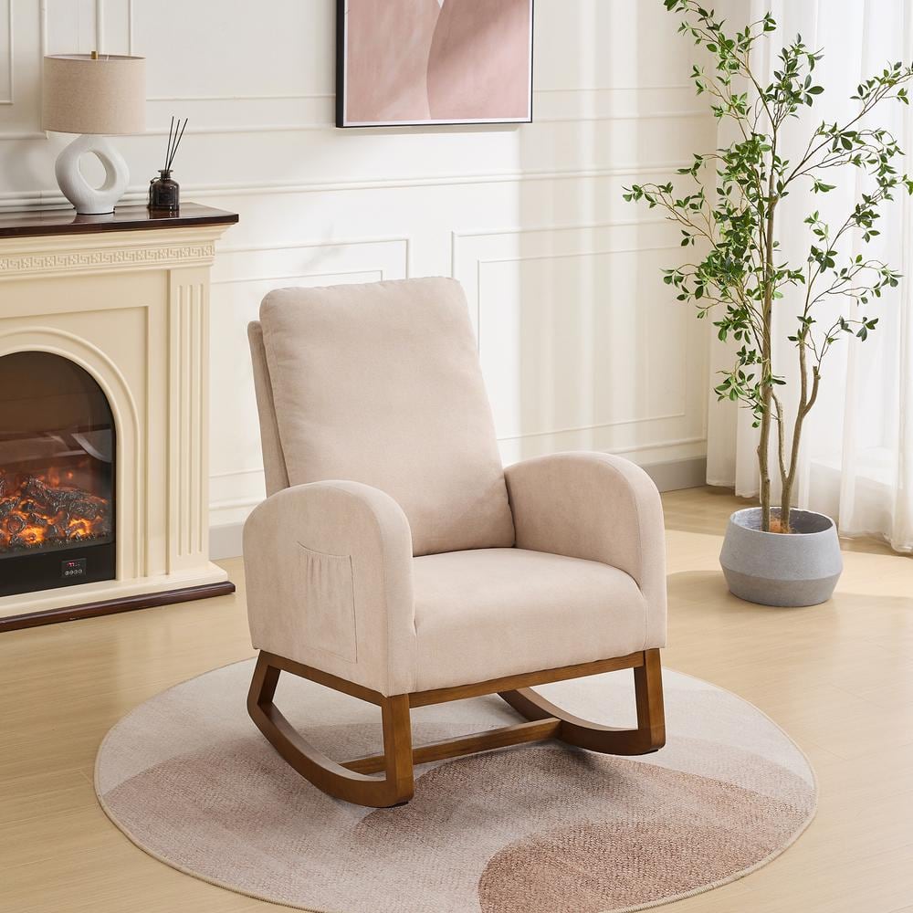 Beige Rocking Accent Armchair 27.2 in. W Rocking Chair for Nursery Polyeste