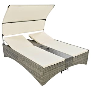 Wicker Outdoor Day Bed with Shelter Roof, Storage Box and 2-Cup Holders, Adjustable Backrest, Beige Cushions