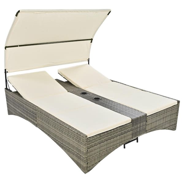 SOTEN RUGGED TABLET LLC Wicker Outdoor Day Bed with Shelter Roof, Storage Box and 2-Cup Holders, Adjustable Backrest, Beige Cushions
