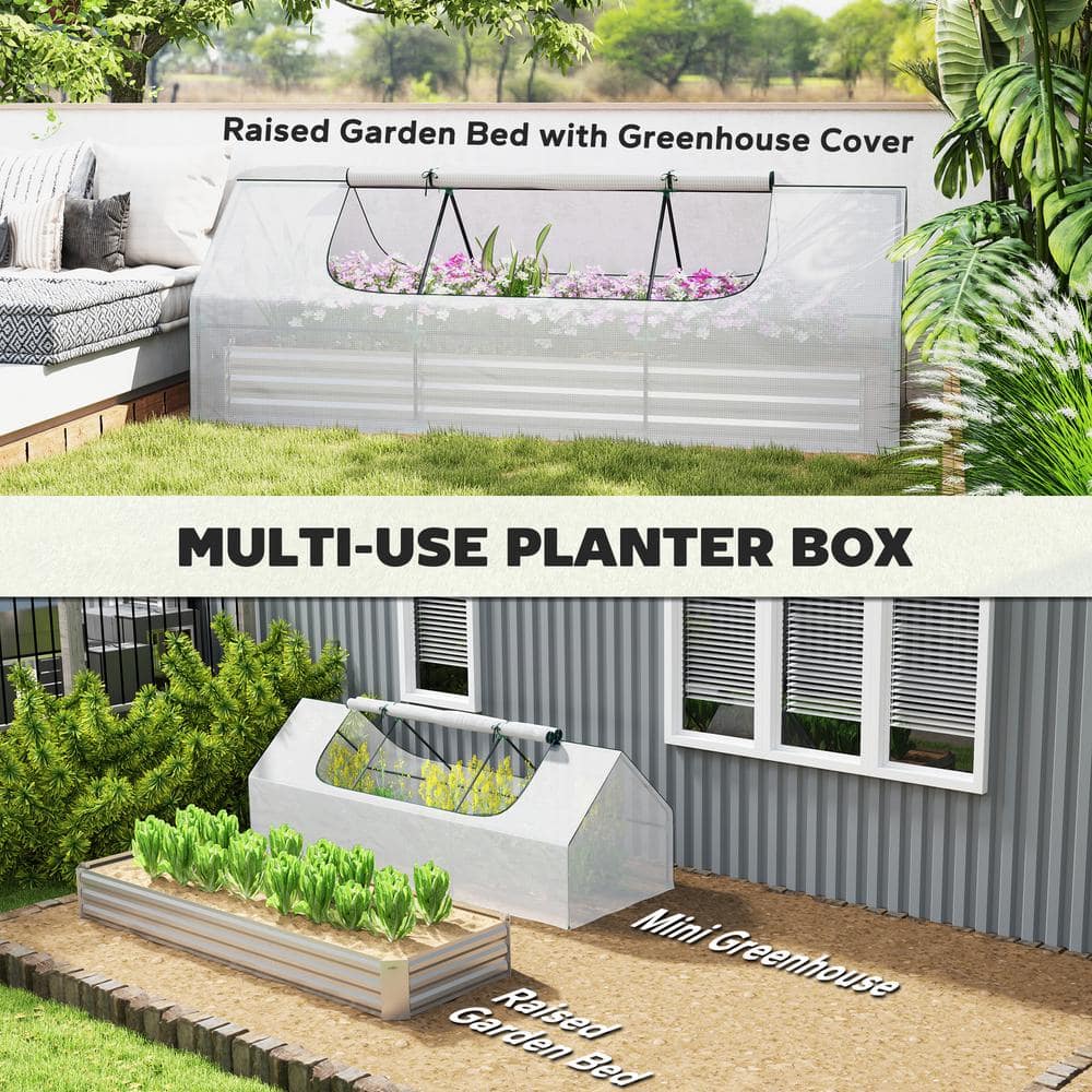 White Galvanized Steel Raised Garden Bed with Mini Greenhouse Cover