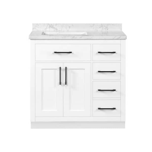 Athea 36 in. Freestanding White Bath Vanity with White Engineered Marble Top, Power Bar and Matte Black Hardware