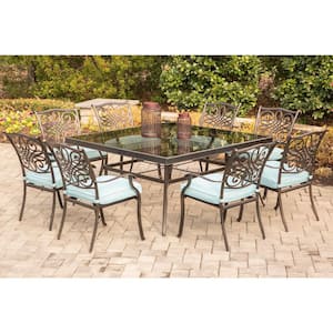 Seasons 9-Piece Aluminum Outdoor Dining Set with Square Table and Blue Cushions