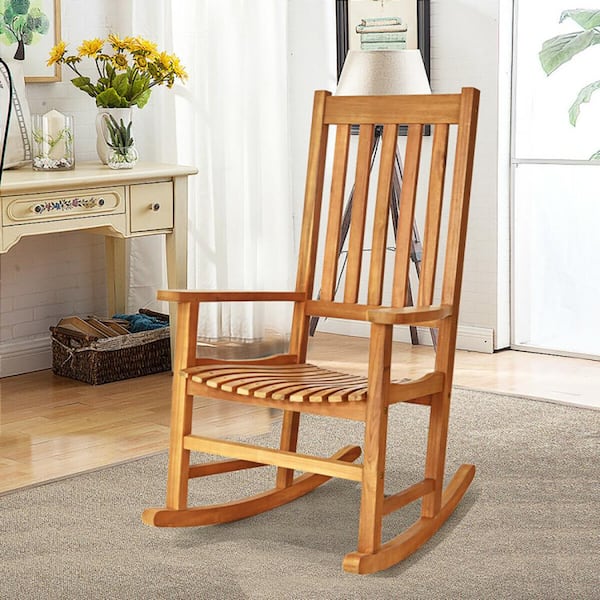 FORCLOVER Natural Wood High Back Outdoor Rocking Chair