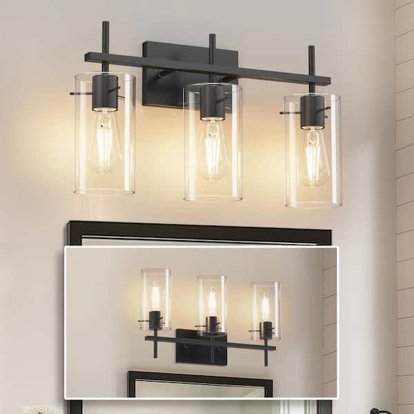 20 in. 3-Light Black Bathroom Vanity Light with Clear Glass Shades, Modern Metal Wall Fixture for Mirror
