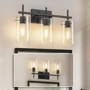 20 in. 3-Light Bathroom Fixture,Matte Black Metal Vanity Light with Clear Glass Shades, Modern Bathroom Lighting