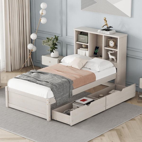 Nestfair White Washed Wood Frame Twin Size Platform Bed with Built-in USB Port, 2 Drawers and Storage Headboard