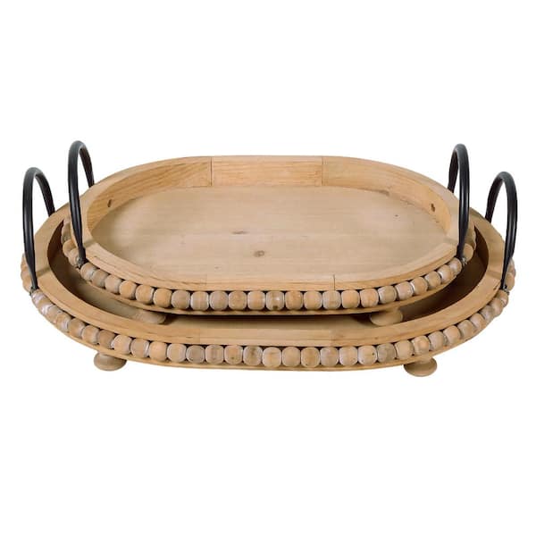 HOMZENE Brown Oval-Shaped Wood Decorative Tray Rustic Wooden Serving Trays with Beaded Edge S/2