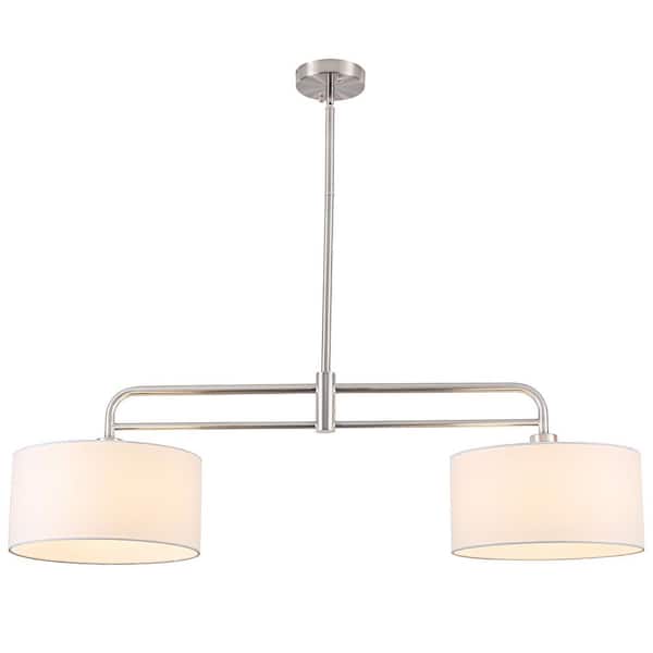 2 light 39.37" Nickel Modern Linear Chandelier with White Fabric Drum Shade for Kitchen Island with no bulbs included