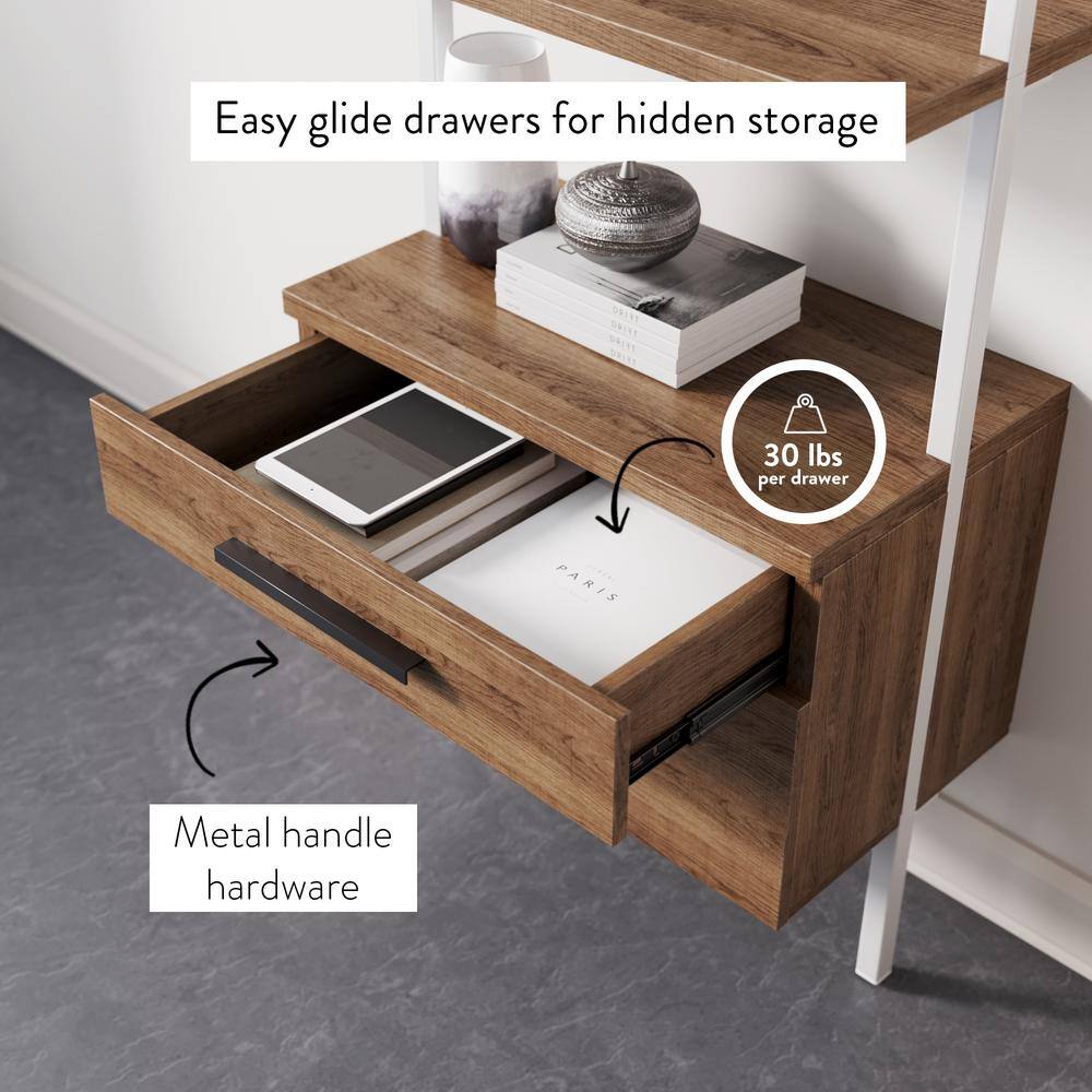 Theo Oak and White 3-Tier Ladder Bookshelf with Storage Drawers