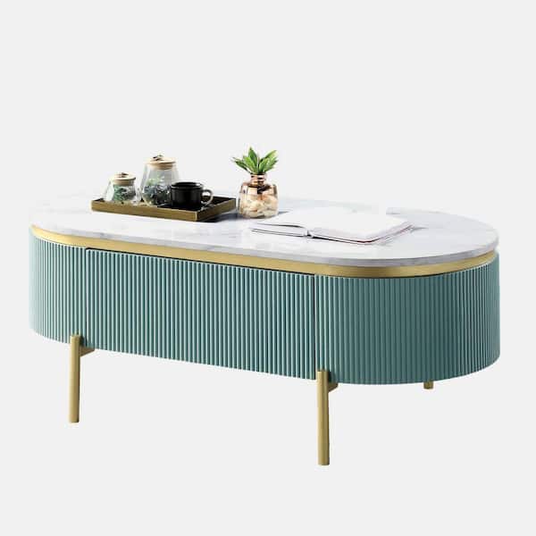 48 in. Light Teal Oval Faux Marble Top Coffee Table