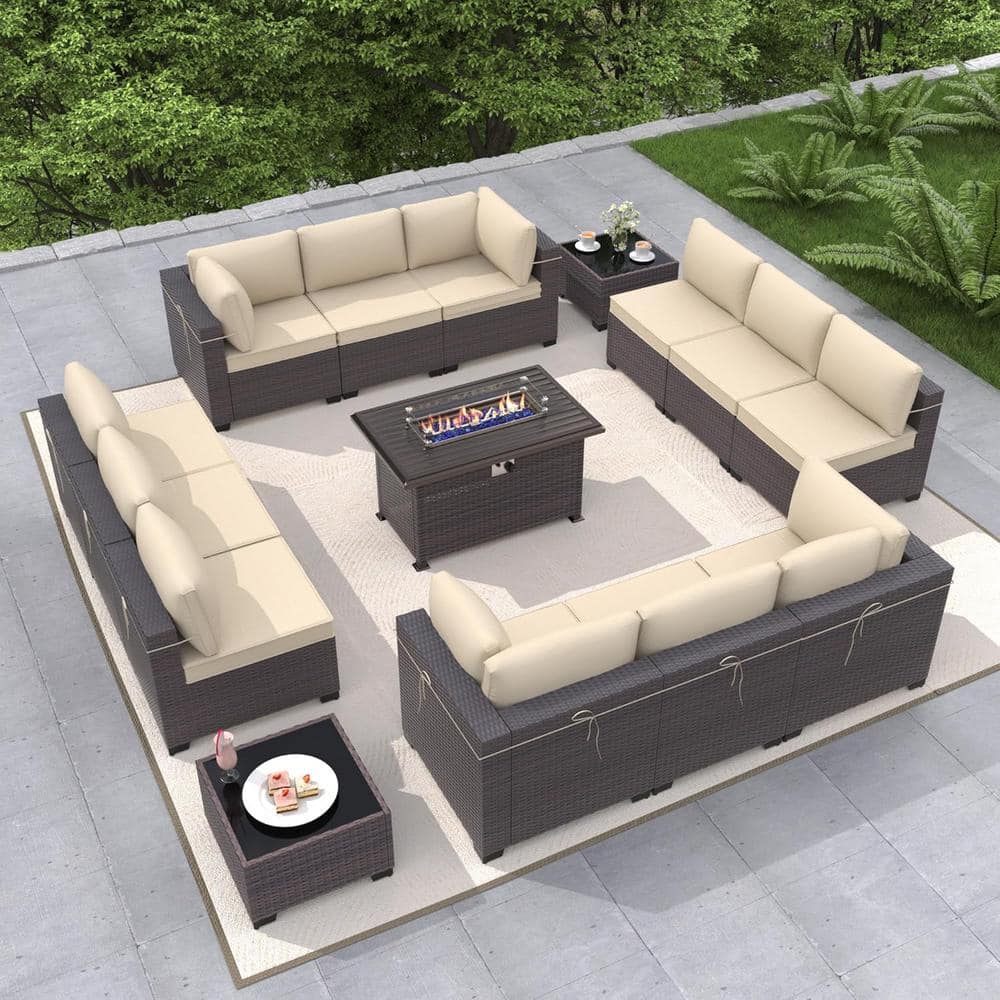 15 Pieces Wicker Patio Conversation Set with Glass Coffee Table, Fire Pit T