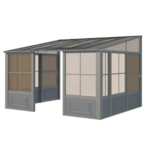 HOMMOW 10 ft. x 12 ft. Wall Mounted Gazebo, All-Season Aluminum Patio Gazebo with Side Door, Outdoor Permanent Sunroom, Gray