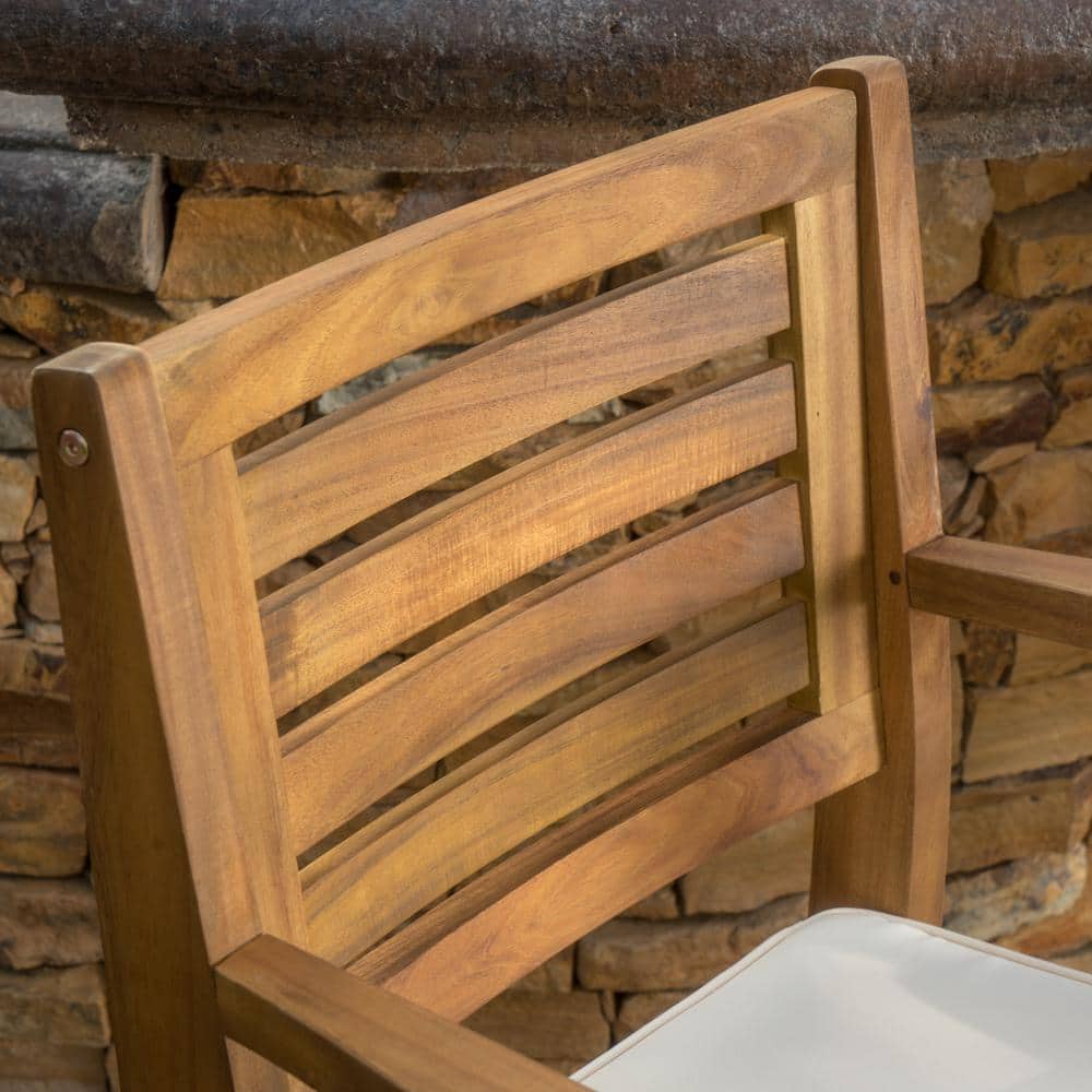 Acacia Wood Bar Height Armchairs with Cream Cushions, Set of 4