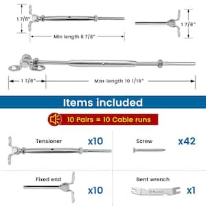 10 Pairs 180° Adjustable Stainless Steel Cable Railing Kit, 1/8 in. Swage Toggle Turnbuckle Hardware