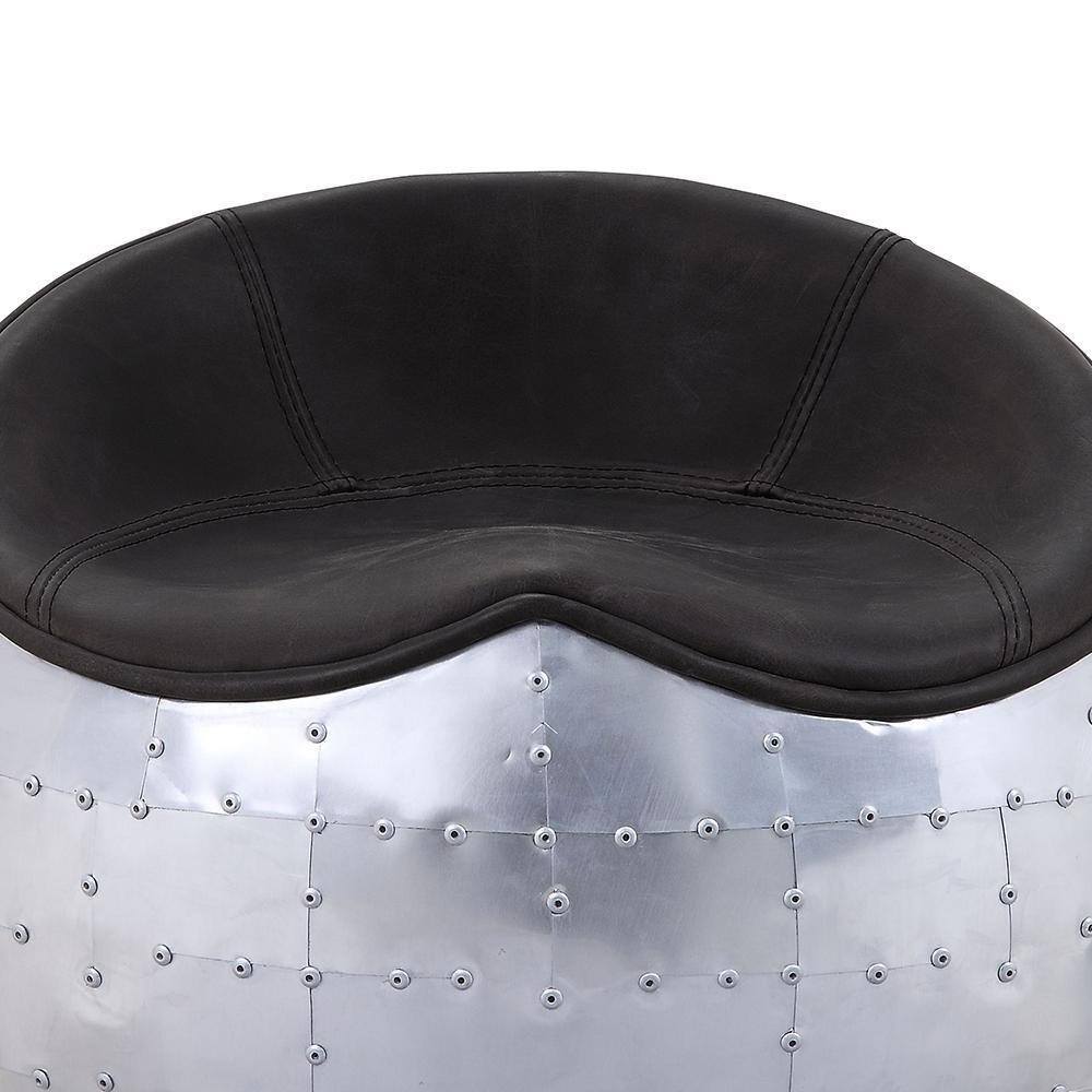 Brancaster Round Leather and Aluminum Ottoman in Antique Ebony