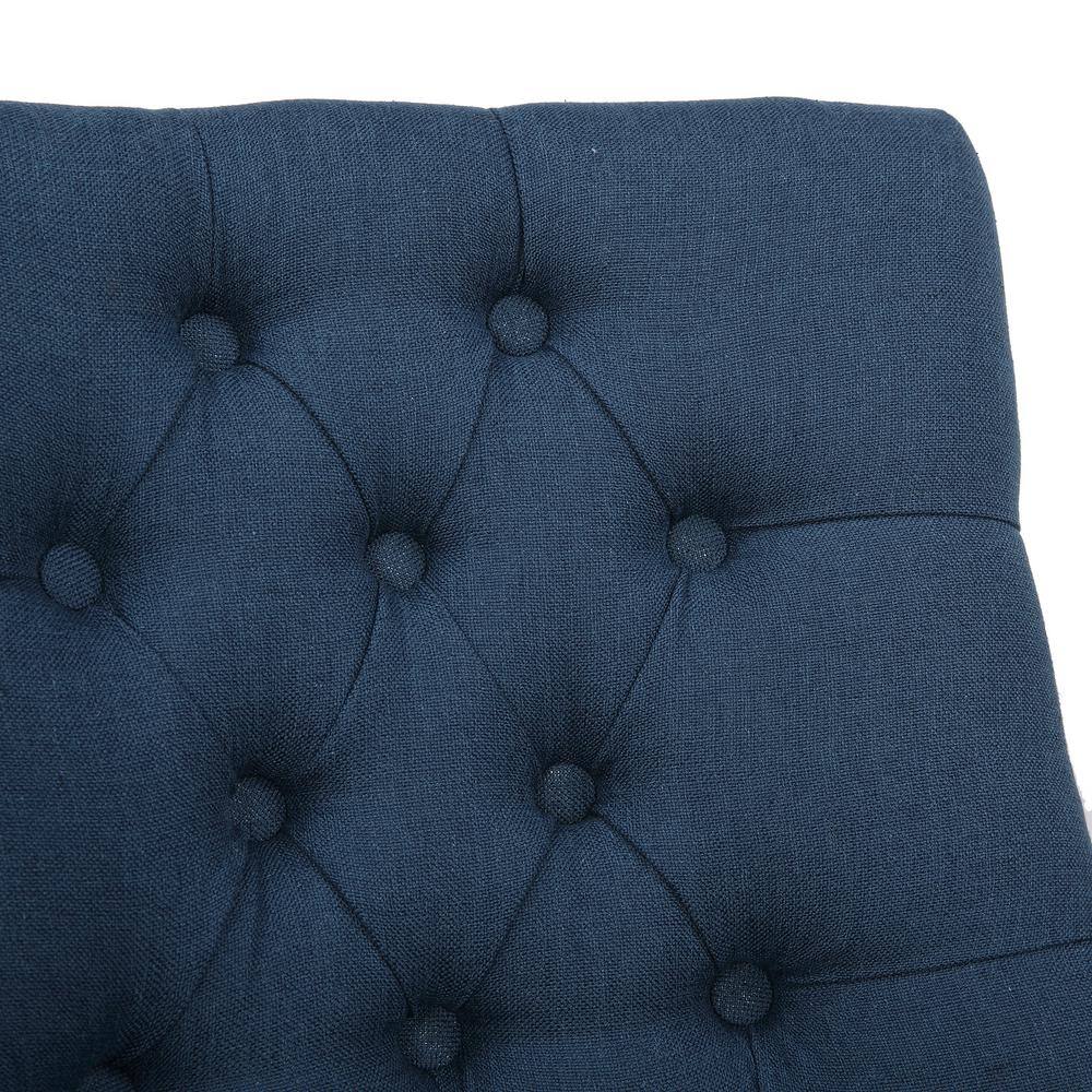 Blue Linen Upholstered Tufted Dining Side Chair with Rubberwood Legs