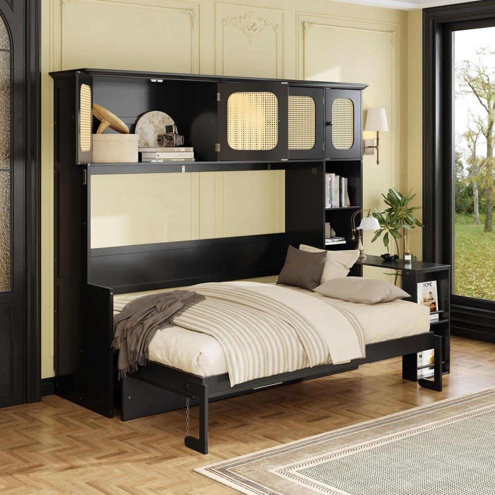 Black Wood Frame Full Murphy Bed with Desk and Rattan Cabinets,Space-Saving Wall Bed price history on PriceWatchPro