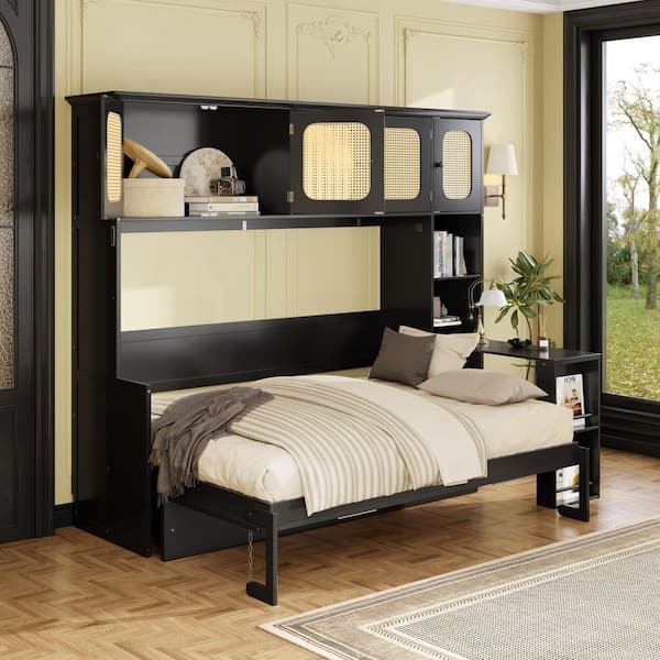 Black Wood Frame Full Murphy Bed with Desk and Rattan Cabinets, Space-Saving Wall Bed
