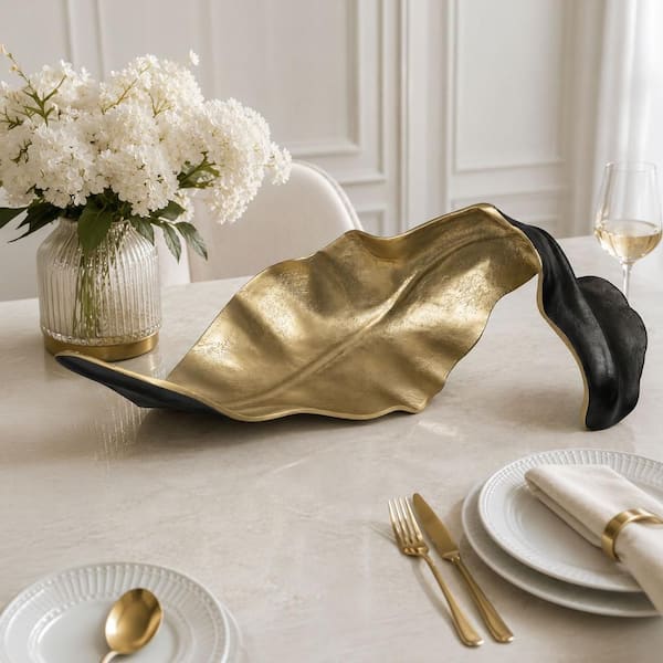 Benjara Lica Gold 18.5 in. x 6 in. Twisted Cast Aluminum Leaf