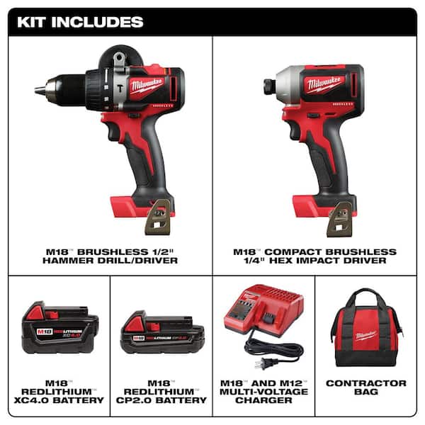 Milwaukee M18 18V Lithium-Ion Brushless Cordless Hammer Drill/Impact Combo  Kit (2-Tool) with Batteries, Charger and Bag 2893-22CX The Home Depot