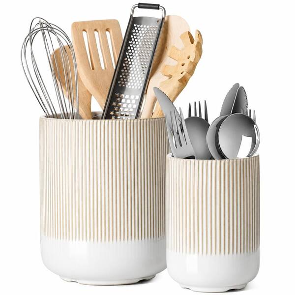 Warm White Glazed Ceramic Kitchen Utensil Holder Set, 2-Piece Countertop Crocks for Tools and Flatware