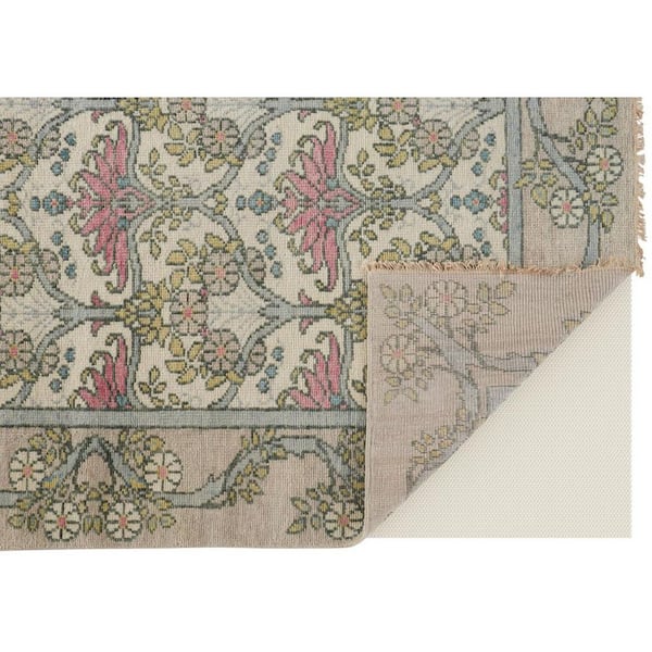 Floral 2 ft. x 8 ft. Ivory Gray and Pink Wool Floral Hand Knotted Runner Rug