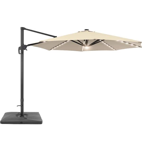 Sonkuki 11 ft. Round Solar LED Aluminum 360-Degree Rotation Cantilever Offset Outdoor Patio Umbrella with a Base in Sand Sonkuki 11 ft. Round Solar LED Aluminum 360-Degree Rotation Cantilever Offset Outdoor Patio Umbrella with a Base in Sand