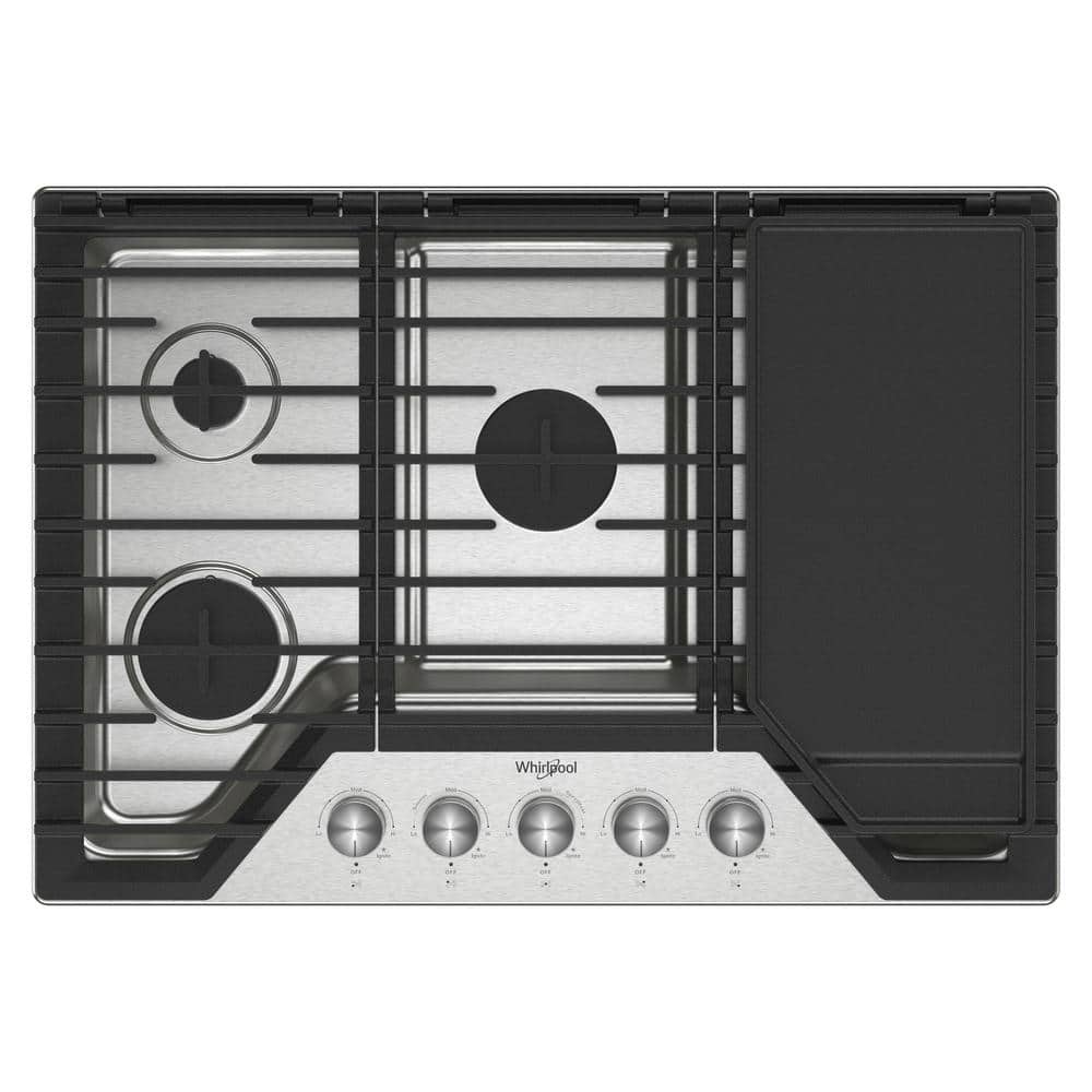 30 in. 5 Burners Recessed Gas Cooktop in Stainless Steel with 2 in. 1-Hinged Grate to Griddle