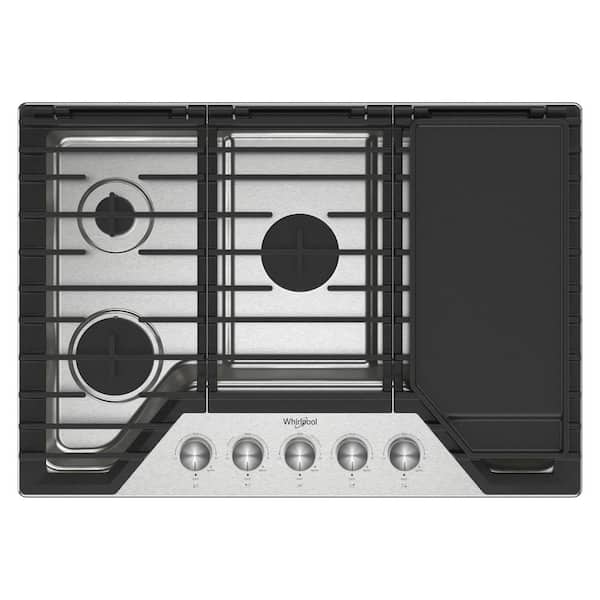 Whirlpool 30 in. 5 Burners Recessed Gas Cooktop in Stainless Steel with 2 in. 1-Hinged Grate to Griddle