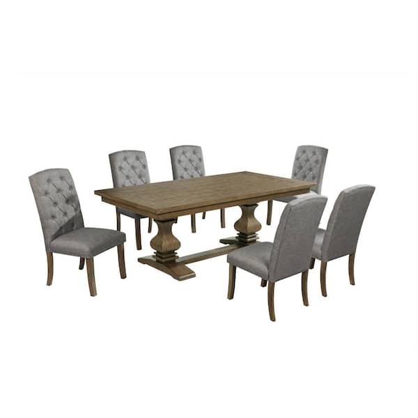 Best Quality Furniture Ameen 7-Piece Rectangle Rustic Oak Finish Wood Top Dining Set with 6-Grey Linen Fabric Side Chairs