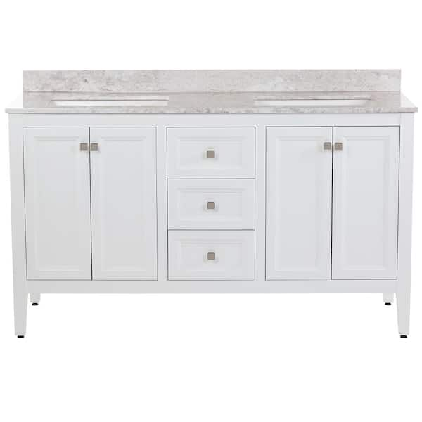 MOEN Darcy 61 in. W x 22 in. D x 39 in. H Double Sink Freestanding Bath Vanity in White with Winter Mist Cultured Marble Top