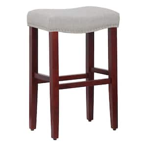 Jameson 29 in. Bar Height Cherry Wood Backless Nailhead Trim Barstool with Upholstered Gray Linen Saddle Seat Stool