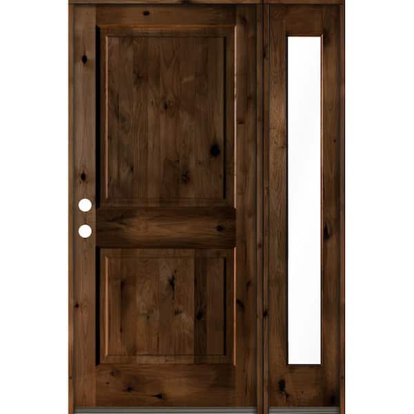 Krosswood Doors 56 in. x 80 in. knotty alder Right-Hand/Inswing Clear Glass Provincial Stain Square Top Wood Prehung Front Door w/RFSL