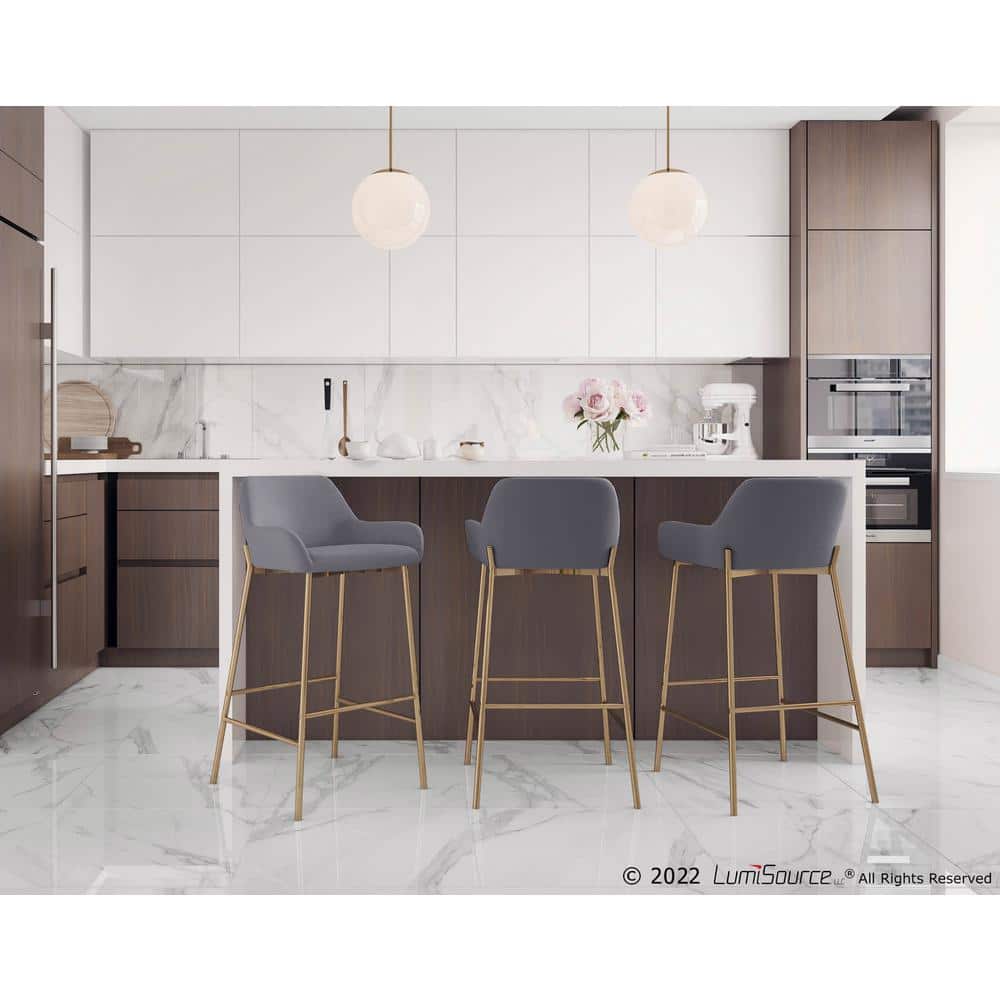 Set of 2 Gold Metal and Gray Faux Leather Bar Stools
