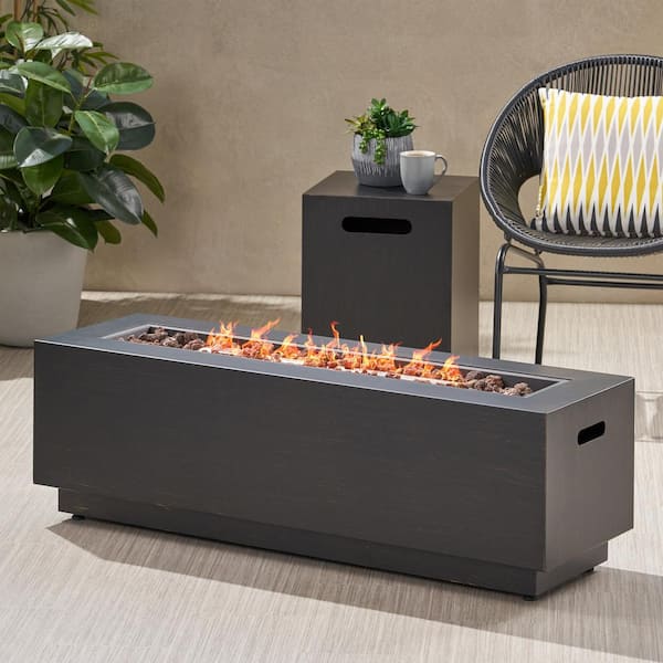 Noble House Wellington 15.25 in. x 19.75 in. Rectangular Iron Propane Outdoor Patio Fire Pit in Brushed Brown with Tank Holder