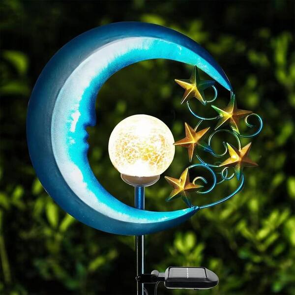 32 in. Blue Metal Stars Moon Solar Lights Outdoor Garden Stake