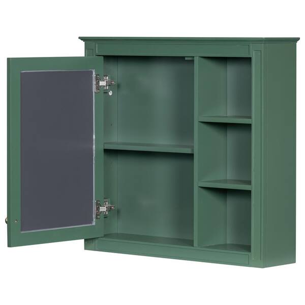 FUNKOL 29.92 x 7.32 x 28 In. Green Wall Mounted Modern Bathroom Storage Cabinet with Door Mirror and 3-Open Storage Dividers