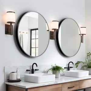 31 in. W x 31 in. H Round Aluminum Alloy Framed Bathroom Vanity Mirror Black Wall Mirror (2-Peices)