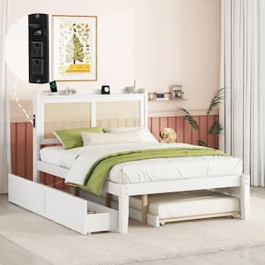 White Frame Queen Platform Bed with Rattan Headboard and Sockets
