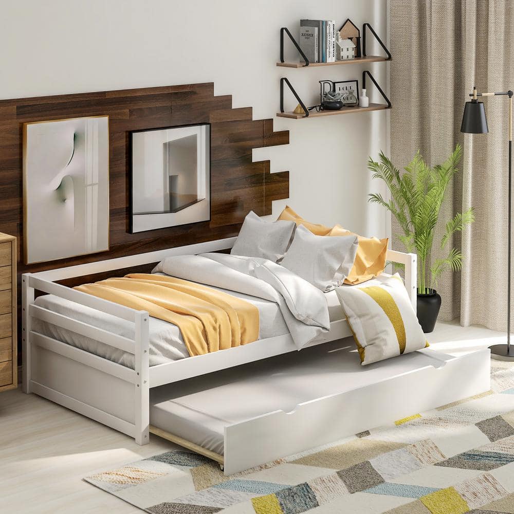 ANBAZAR White Wood Daybed with a Trundle No Box Spring Required Twin Trundle Daybed KZ 001 The Home Depot
